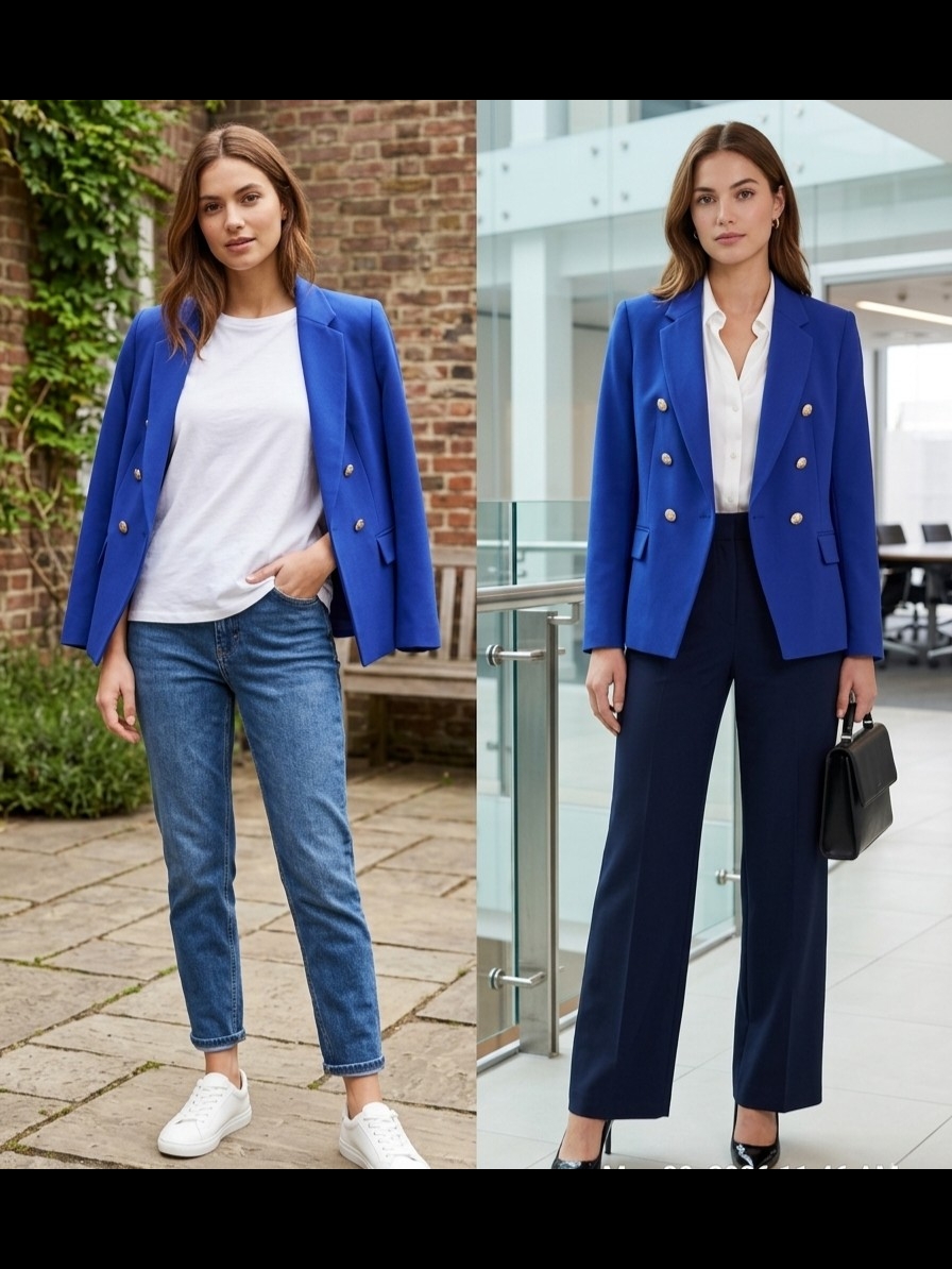 Mango Women's Cobalt Blue Double-Breasted Blazer With Gold Buttons